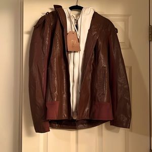 Faux Leather Jacket With Removal Contrast Hoodie